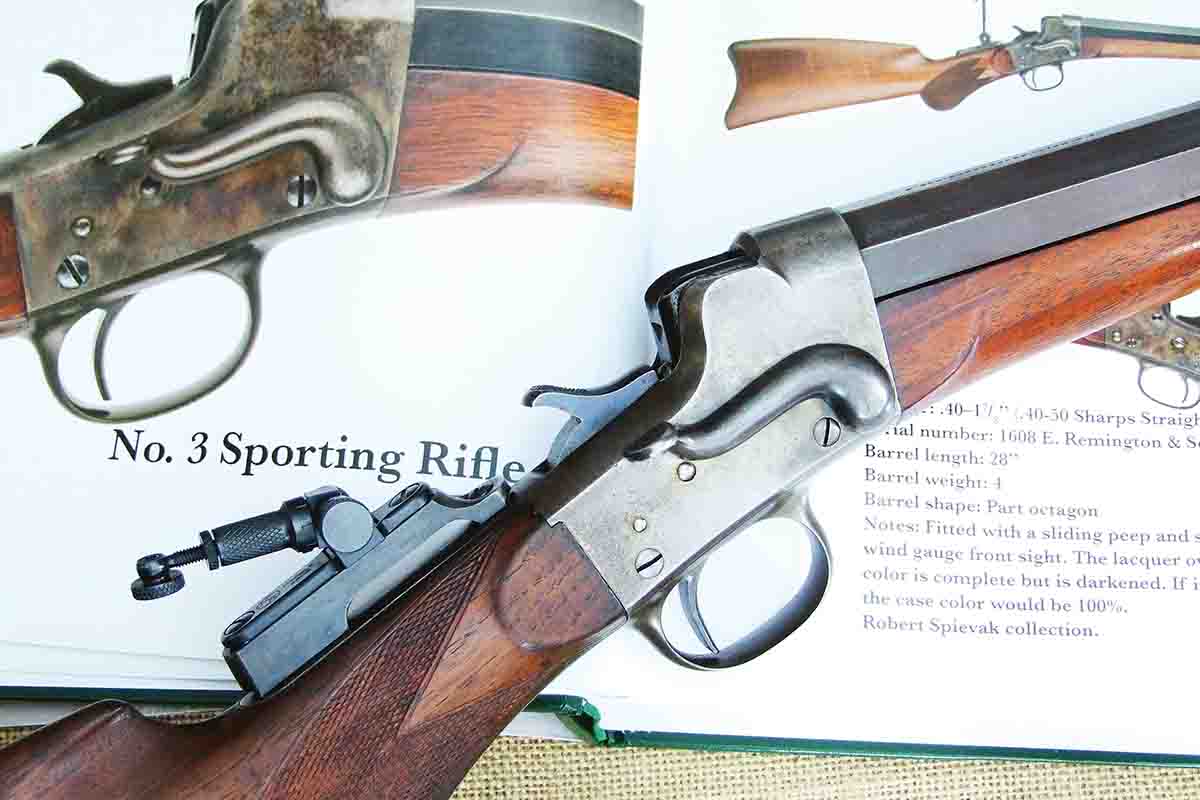 Remington Hepburn No. 3 Sporting in .38-50 Remington atop Tom Rowe’s excellent book, Remington’s No. 3 Hepburn.